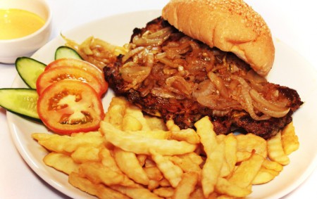 Gypsy liver - roast pork neck in bread roll served with french fries and Yes!Pub sauce .... 190 B
