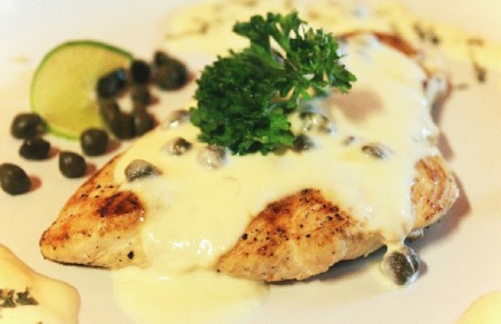 Chicken steak with lemon and capers sauce .... 140 B