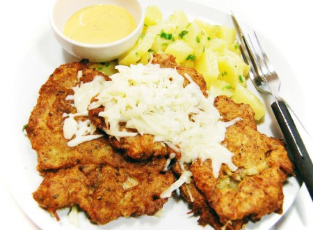 Montenegro schnizel in potato coat  served with boiled potatoes and Yes! Pub sauce 170 B